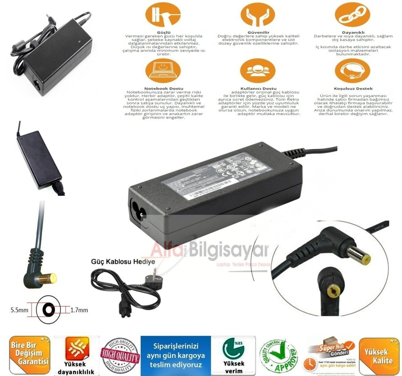 Acer - Packard Bell 19v 4.74A 90W 5.5 x 1.7 - 5.5 x 2.1 Notebook Adaptörü, Laptop Adaptörü