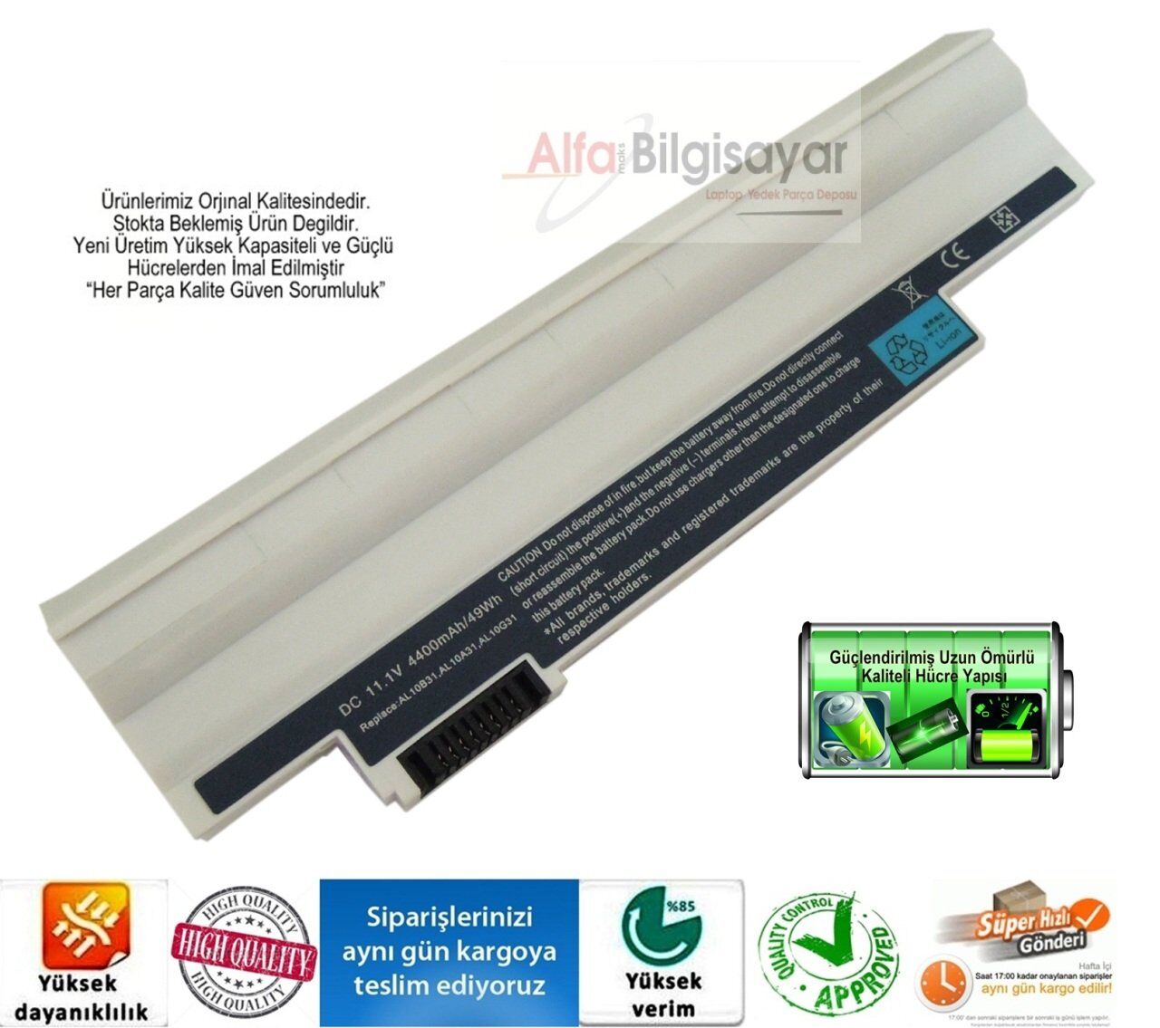 Acer Aspire beyaz 4400 mah One 522, 722, D255, D260, D270, HAPPY, PAV70, ZE7 Laptop Pili Batarya   Batarya Kodu AL10A31, AL10B31, AL10BW, AL10G31, 3ICR17/65L olan ve Acer Aspire One 522, 722, D255, D260, D270, HAPPY, PAV70, ZE7  Batarya
