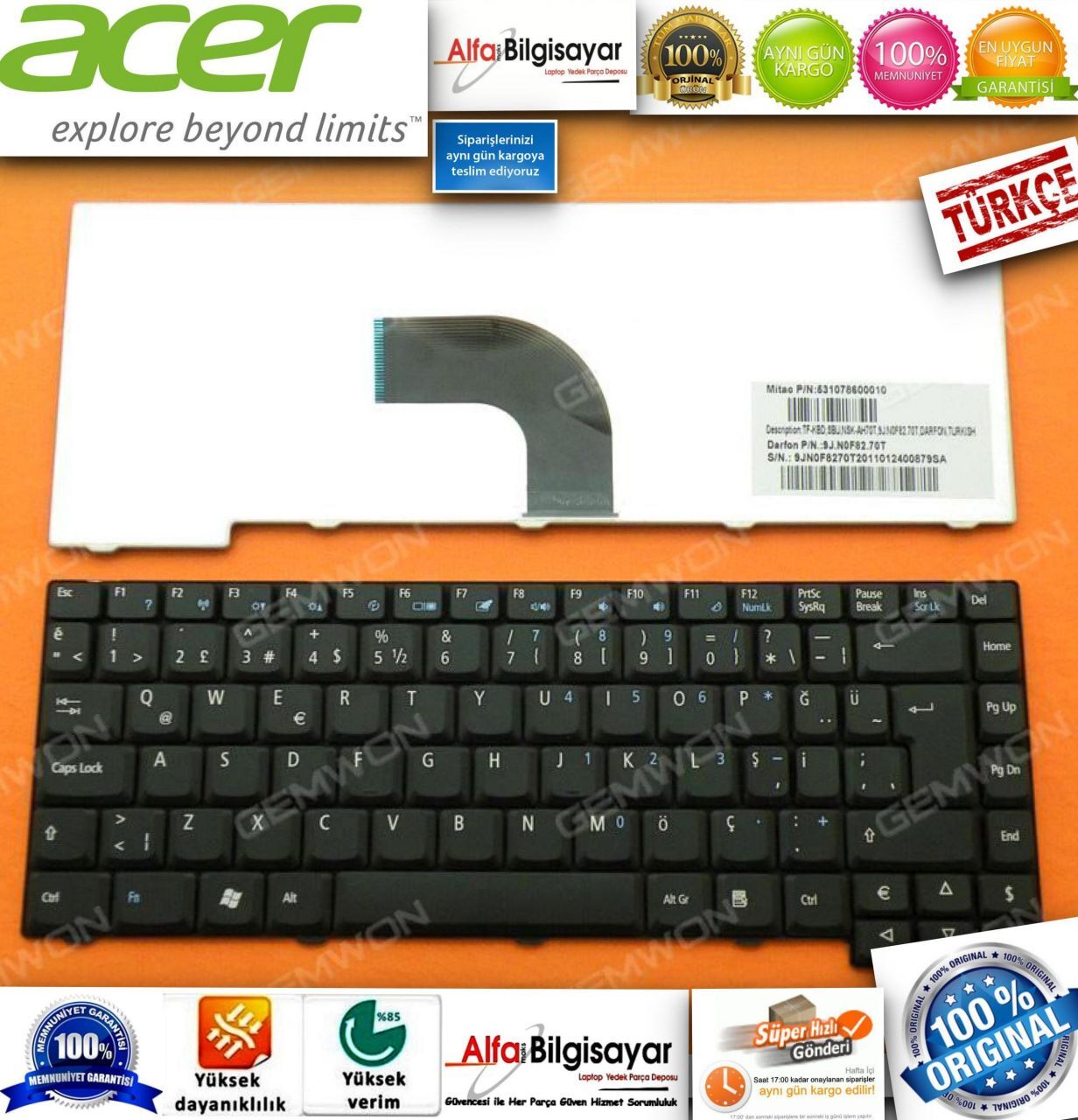 Acer Aspire 2930 2930z travelmate 6293 Tm6293 nsk-ah70t 9j.n0f82.70t Klavye Tuş Takımı