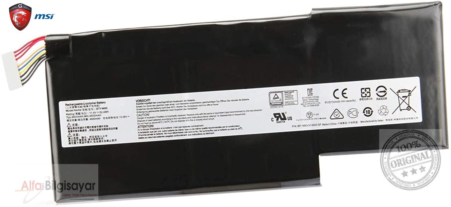 Orjinal Msi Stealth Pro BTY-M6K WF65 WF75 BTY-M6J BTY-U6J GS63 GS63VR GS73VR GS73 GF63 GF73 WS65 MS-17B4 MS-17F1 MS-16R1 MS-17B7 MS-17B3 MS-17F3 MS-17F4 MS-16R3 GF75  gf63, GF75, gs63, ms-16k3 Batarya Pil GF75 GF65 MS-17F2 MS-16R1 MS-16W1 MS-17B4
