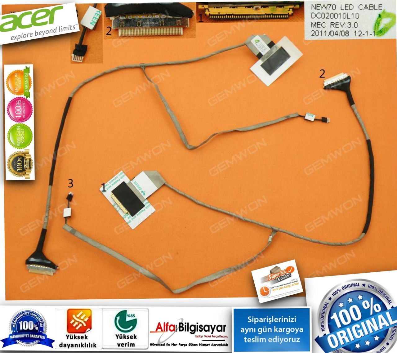 Acer Aspire 5733  5733G  5733ZG 5733Z 5736  5736G  5736ZG 5736Z 5336  5336G  5336ZG 5336Z 5741 5741G 5741Z 5741Zg 5742 5742g 5742Zg New71 New70 5551 5551G 5251G 5552 5552G  5552ZG 5552Z 5252 5253 5250 DC020010L10 Led Data Kablosu
